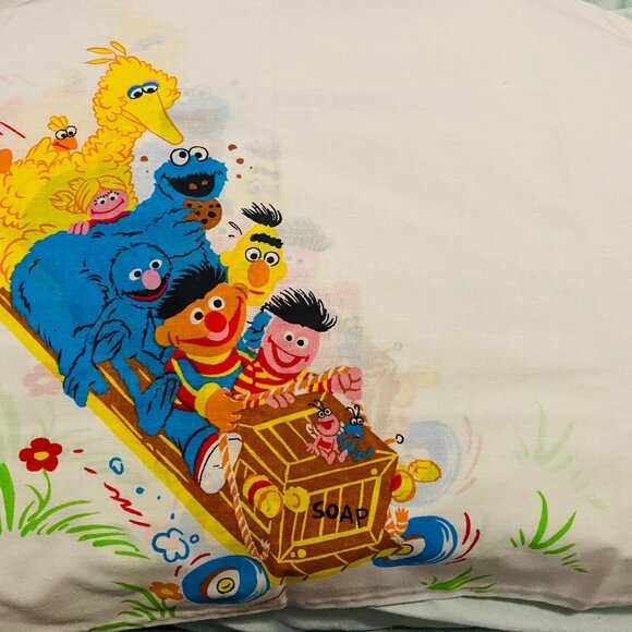 Vintage Sesame Street Pillowcase: 1980s Soapbox Derby Race standard pillow size - Picture 1 of 4